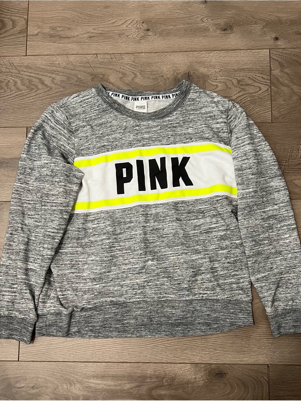 PINK Victoria's Secret Gray Heather Sweatshirt with Neon Yellow Stripe